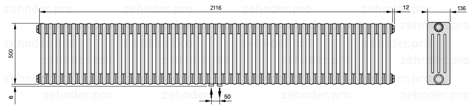 Схема (чертеж) Радиатор Zehnder Charleston 4050/46 №3470 Белый глянцевый RAL 9016
